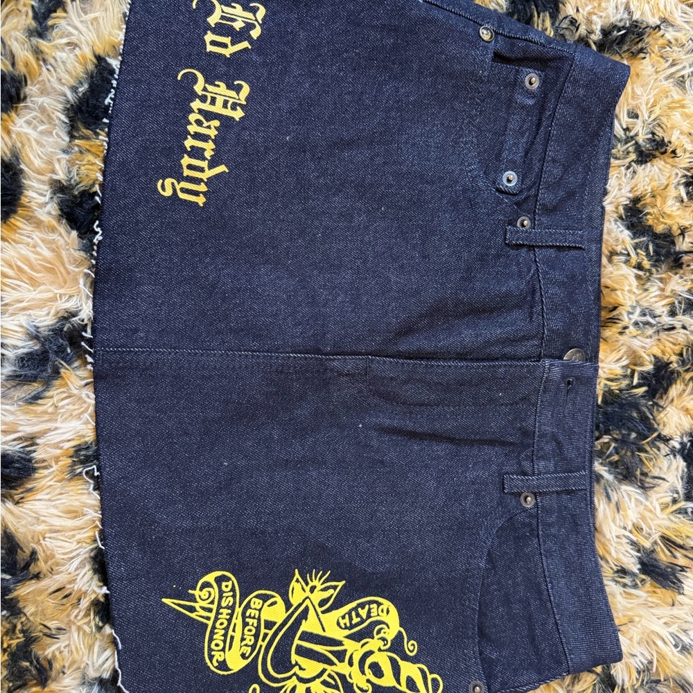 Ed Hardy Dark Blue Denim Jean skirt with Gold Script and Multicolor Logo